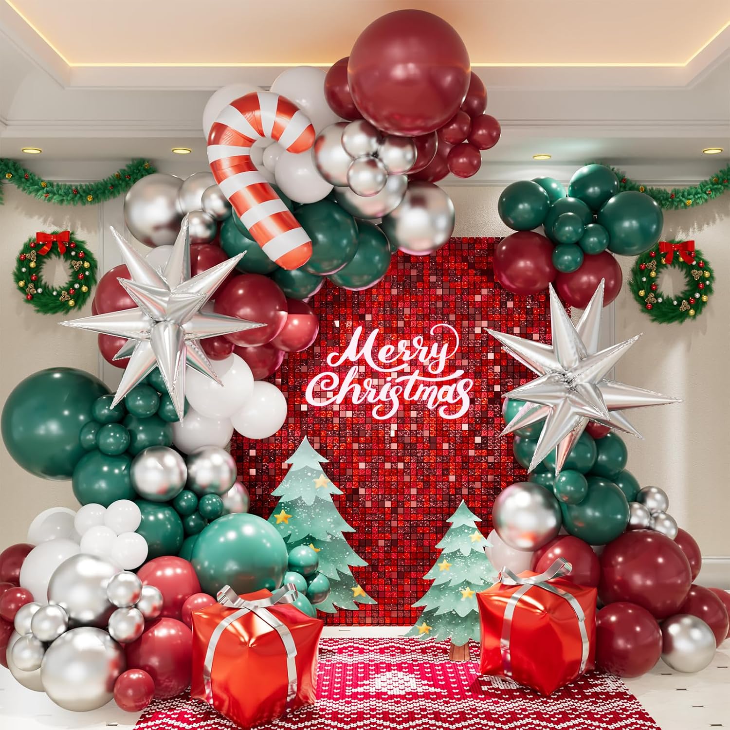 Balloon Arch Kit - Kırmızı, Yeşil, Beyaz, Gümüş Balonlar, Şeker